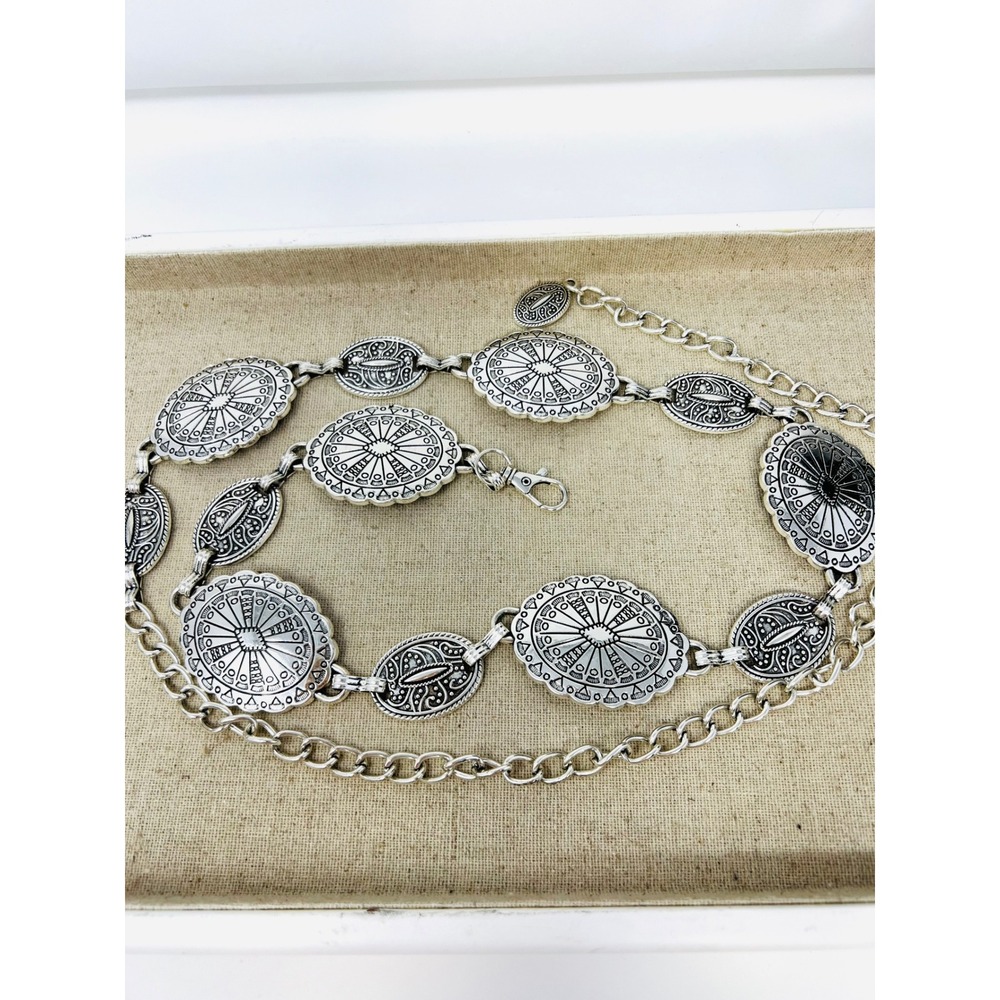 Western Silver Concho Chain Belt Adjustable Boho Sunburst Medallion Accessory - Picture 2 of 5